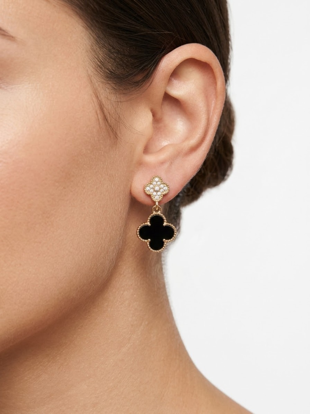 Gold and Black Clover Drop Earrings